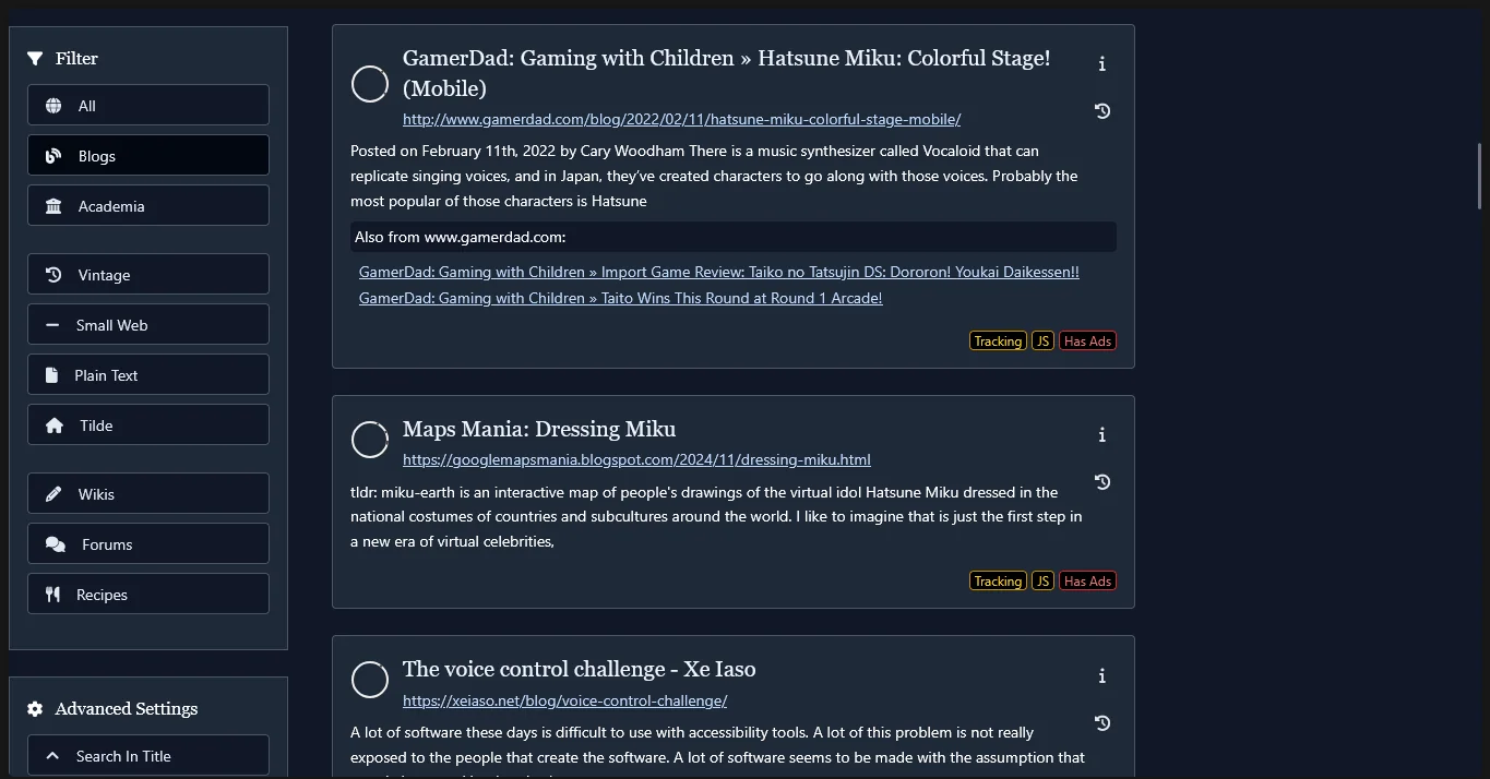pagina de busca do marginalia com a pesquisa hatsune miku