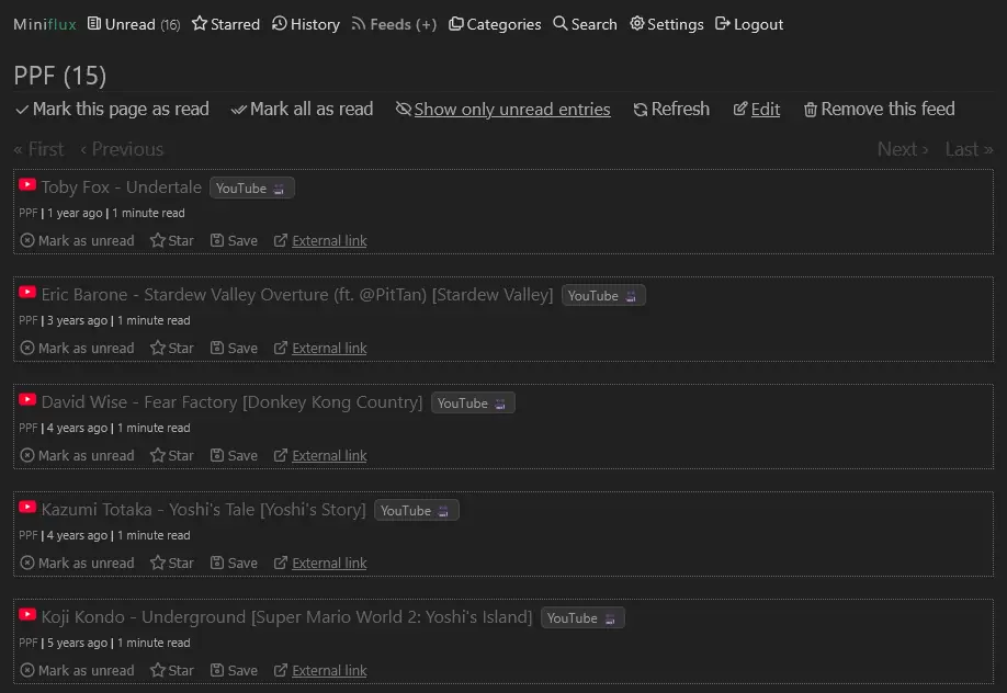 Feed RSS no app Miniflux